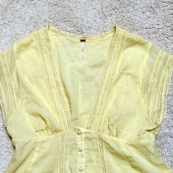 SOLD Free People Yellow V Neck Button Up Ruched Lace Flutter Sleeve Blouse Top S - Picture 3 of 12